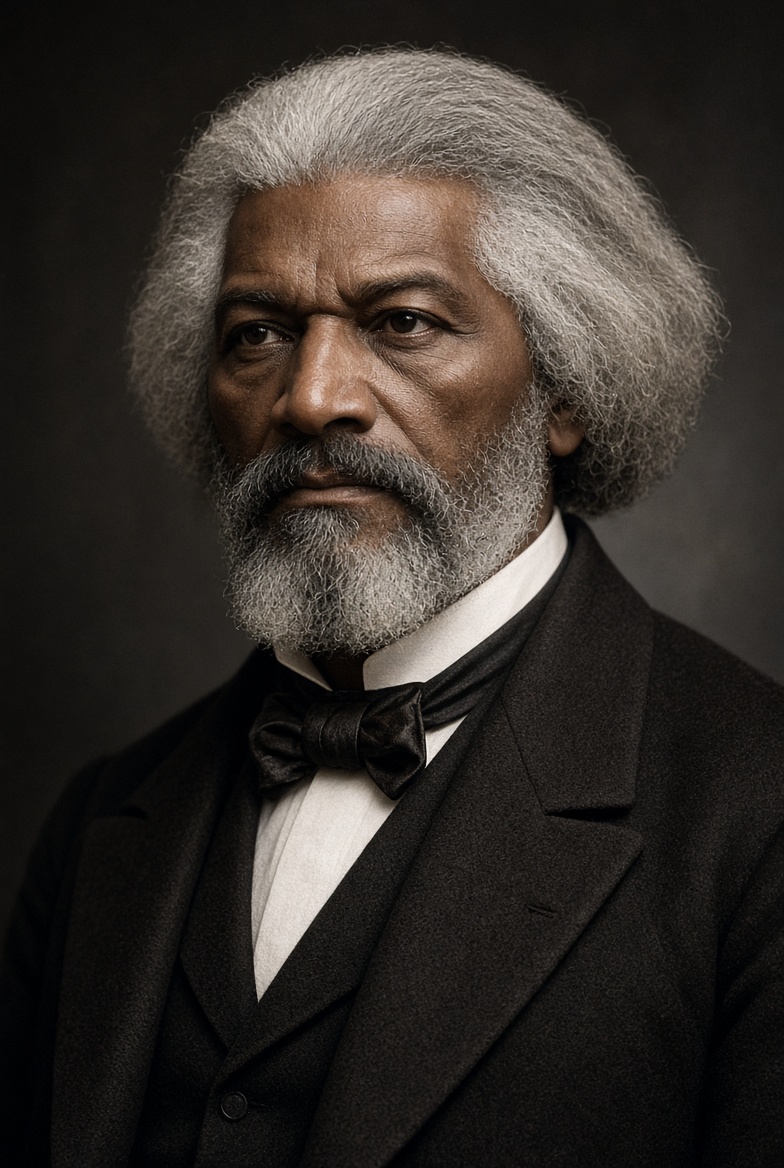 Frederick Douglass in later life, grey haired and bearded, in a dark suit and bow tie